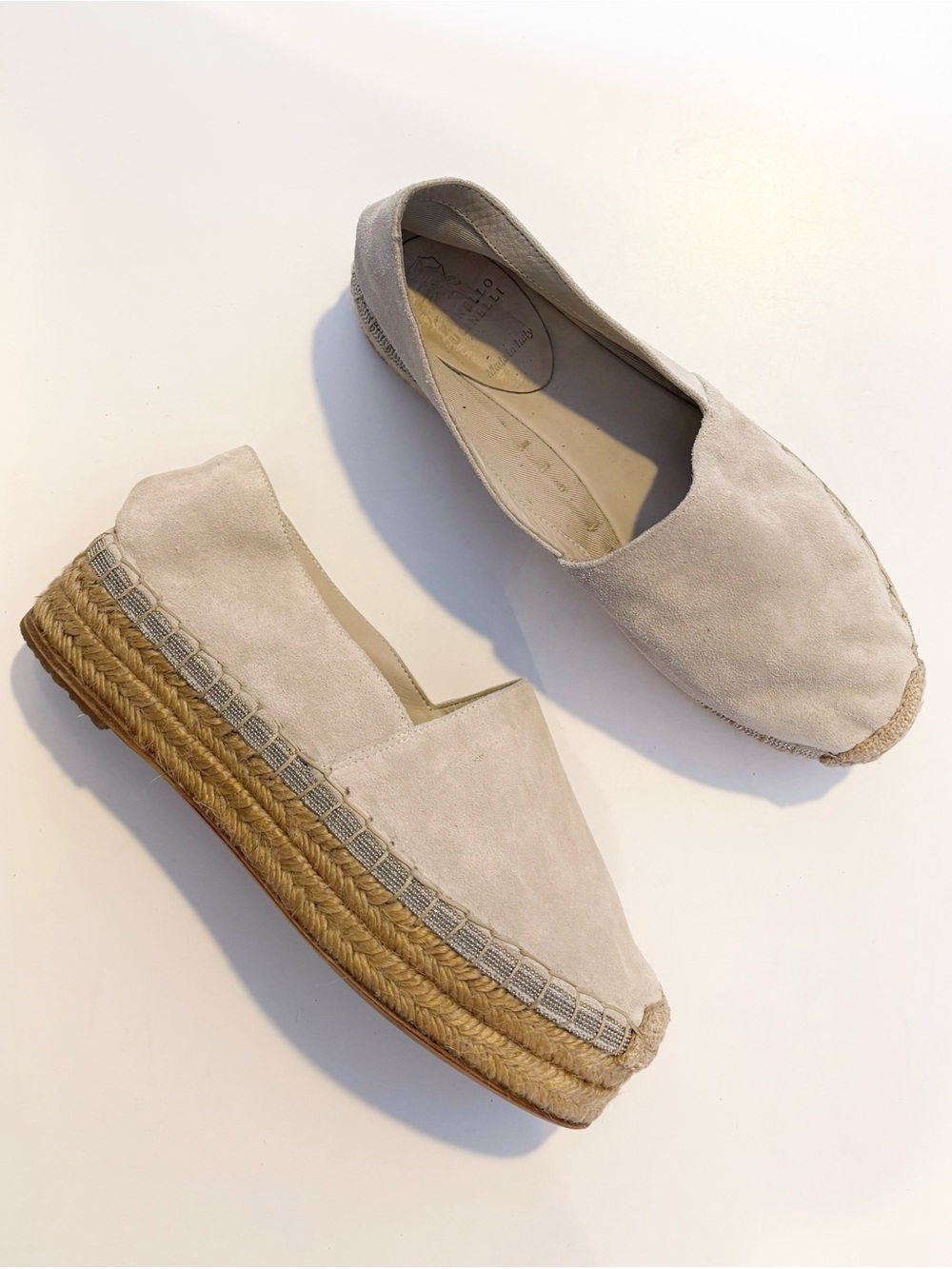 Brunello Cucinelli || Platform Suede Espadrilles Beaded in Dove Beige Tan 37